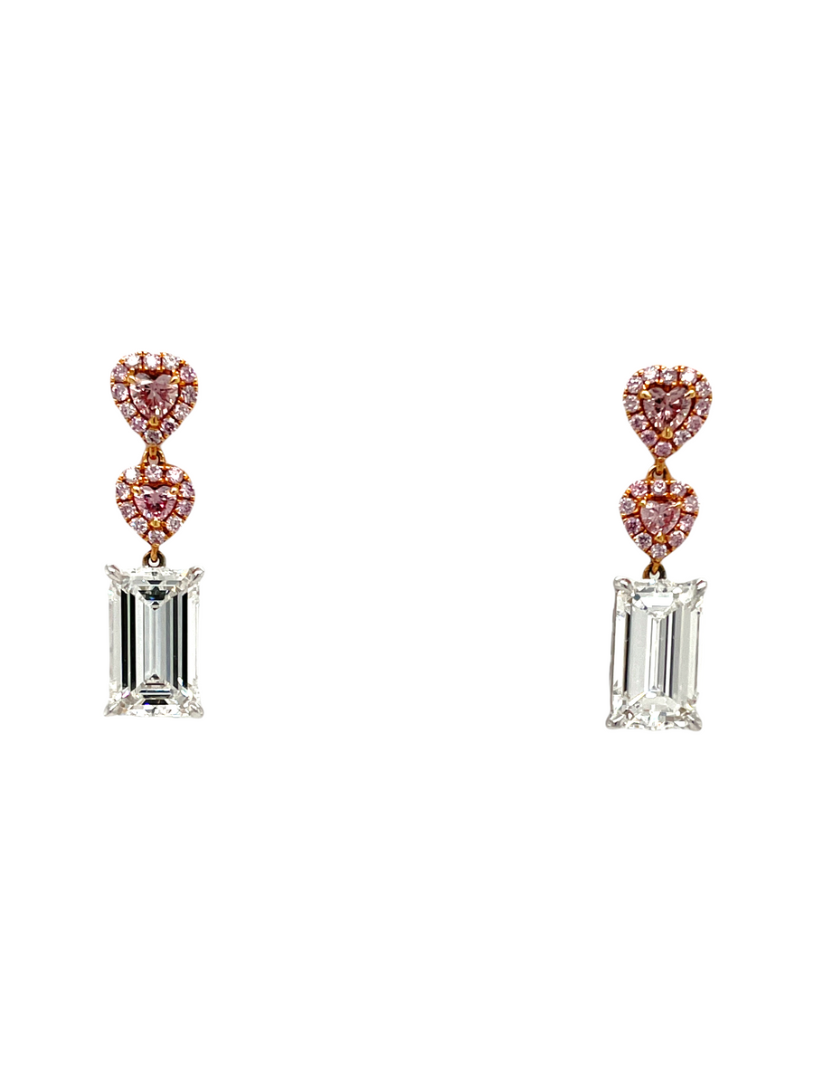 Emerald cut earrings with pink diamond hearts