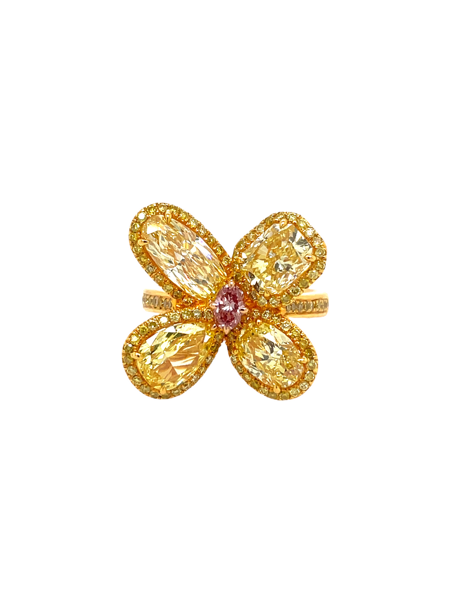 Flower ring set with intense yellow and pink diamonds