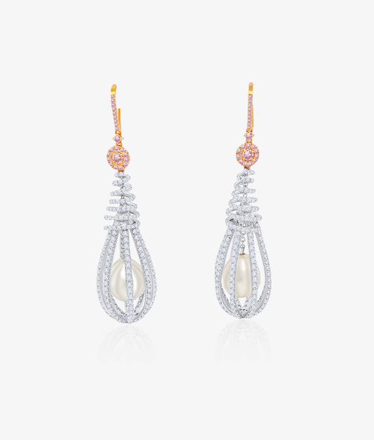 South Sea Pearl Earrings in Diamond Cage
