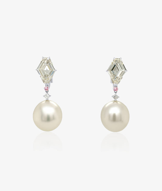 South sea pearl earrings with shield shaped diamonds tops