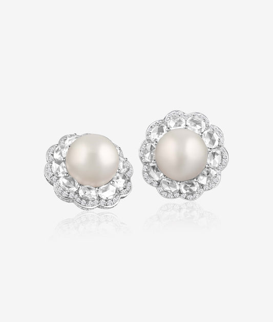 Pearl and Rose Cut Diamond Ear Clips