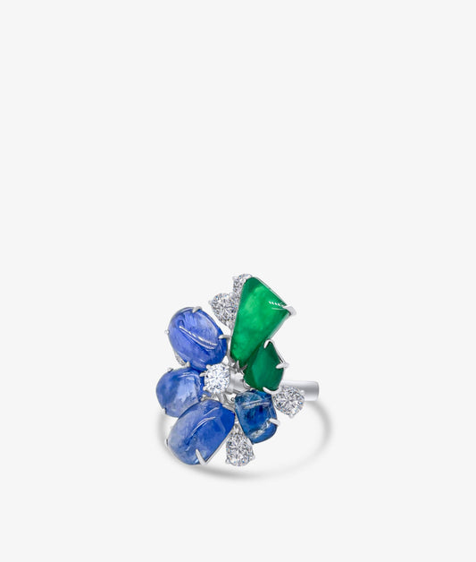 Flower Emerald Sapphire and Diamond ring