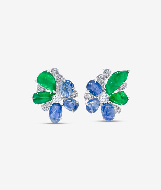 Flower Ear Clips with Sapphire Emeralds and Diamonds