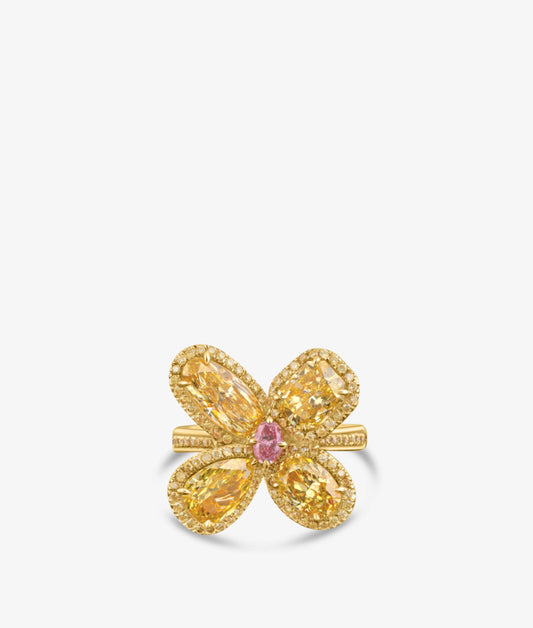 Flower ring set with intense yellow and pink diamonds