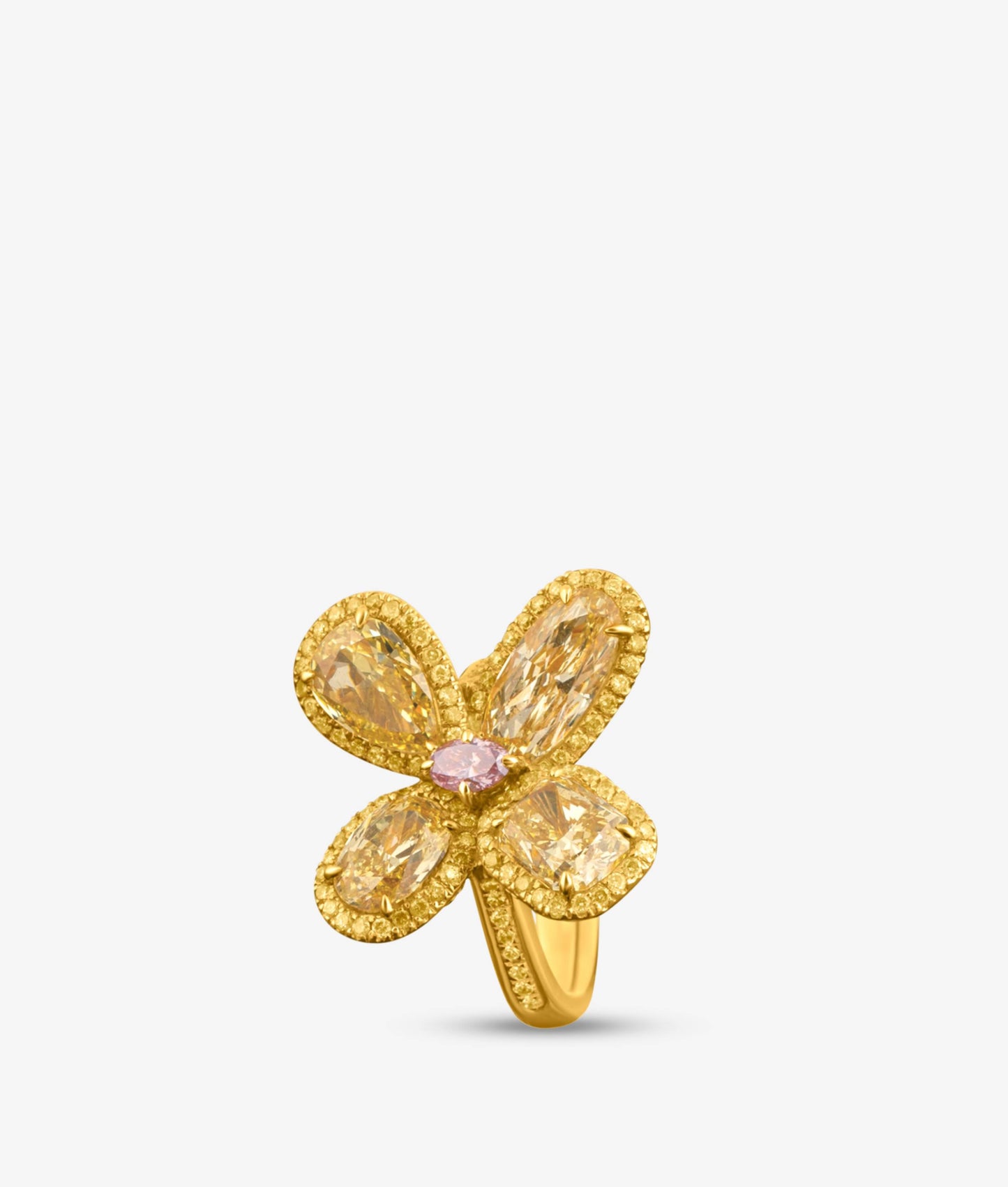 Flower ring set with intense yellow and pink diamonds