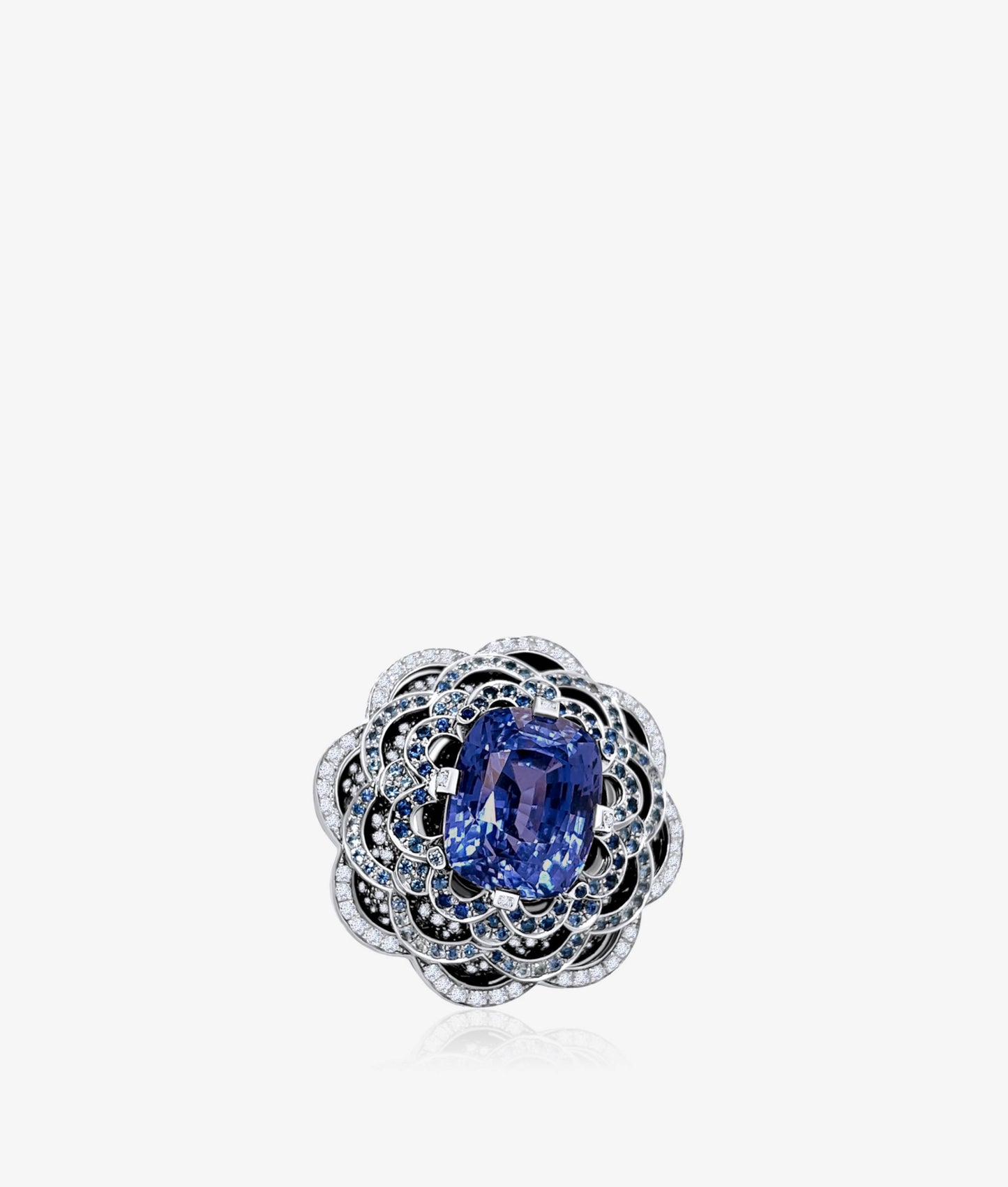 Cushion cut Sapphire set on a Flower Bed of Sapphires and Diamonds