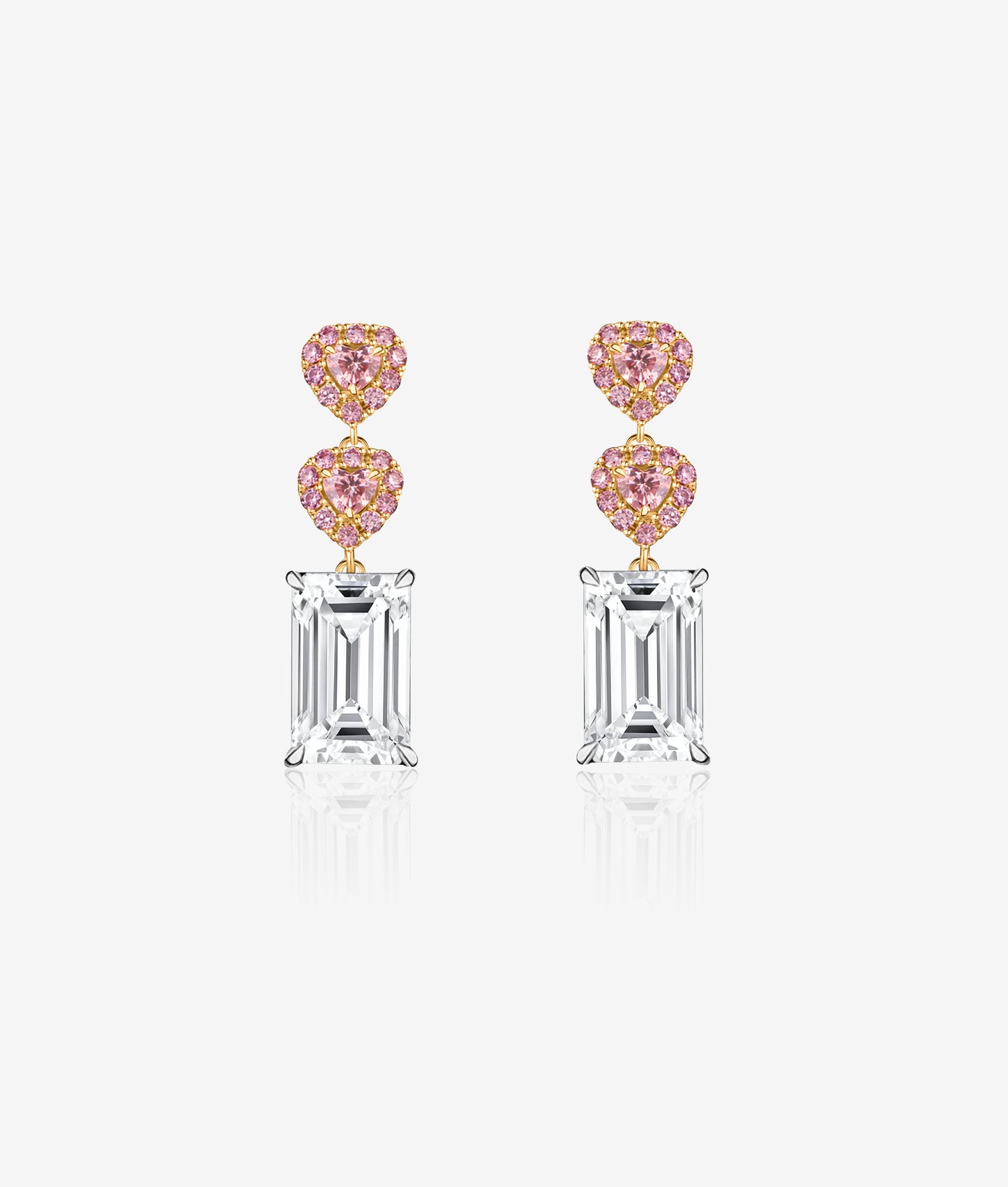 Emerald Cut Diamond Earrings with Pink Diamond Hearts