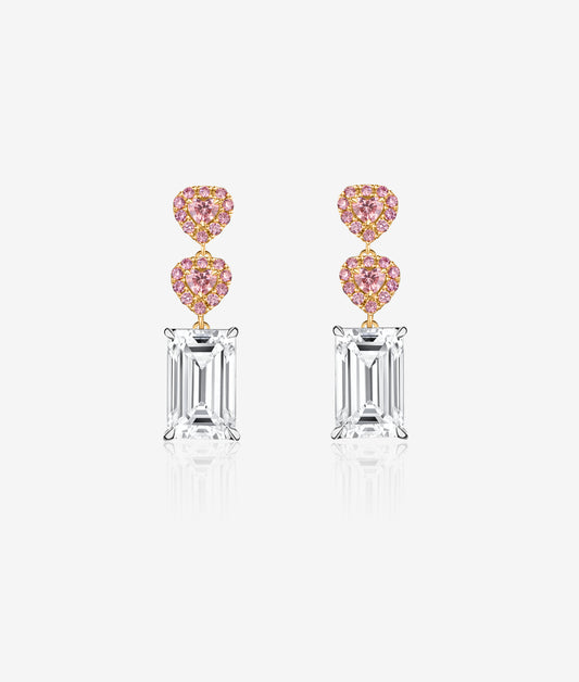 Emerald Cut Diamond Earrings with Pink Diamond Hearts