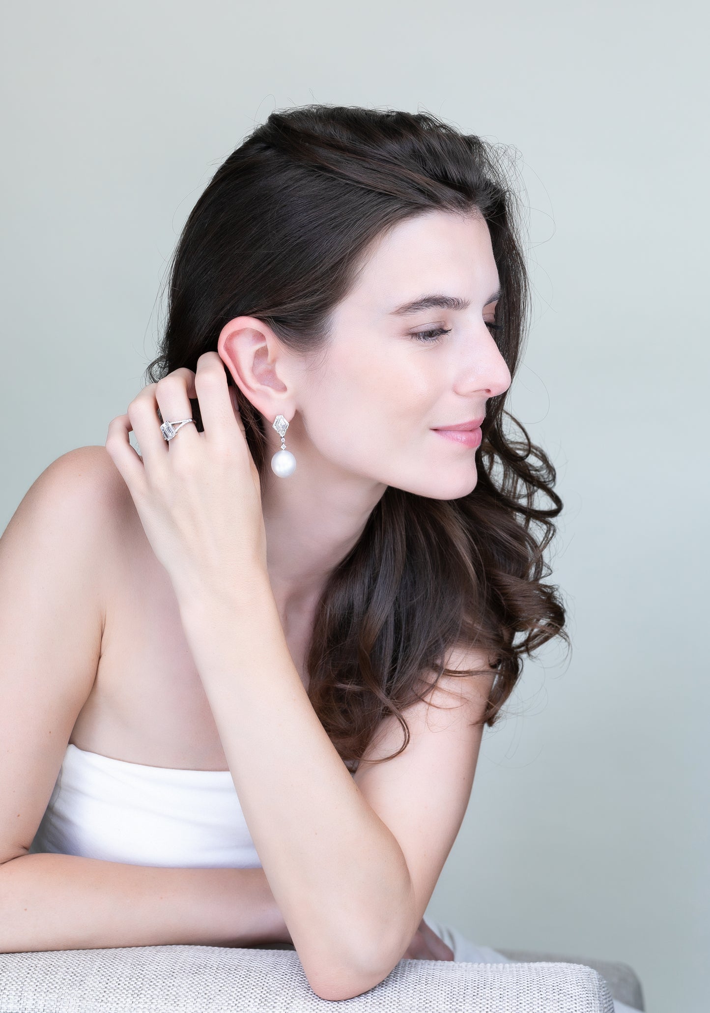 South sea pearl earrings with shield shaped diamonds tops